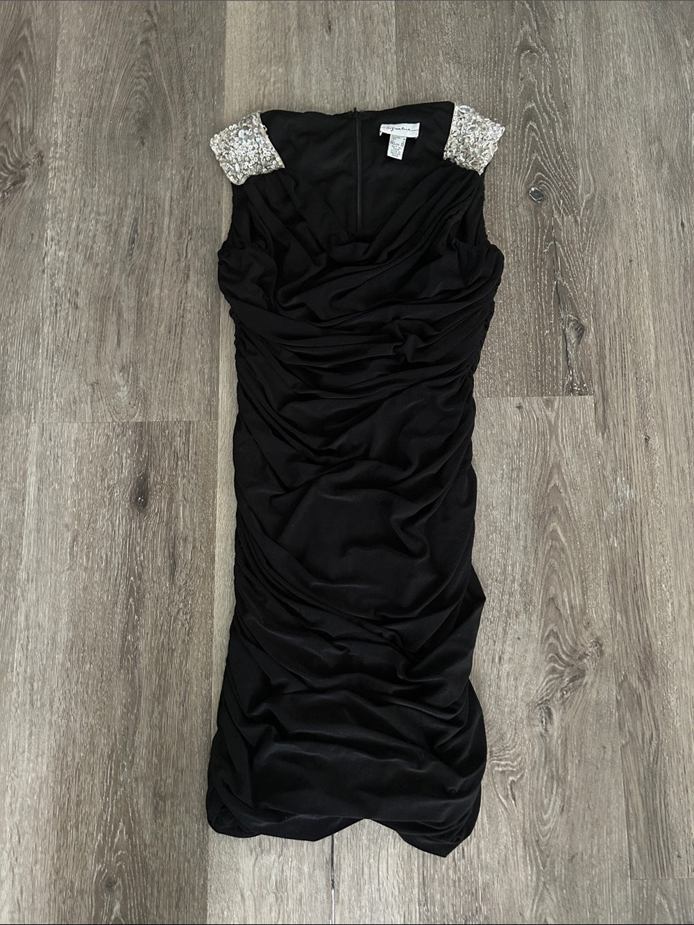 Signature Black Ruched Midi Dress with Sequin Cap Shoulders